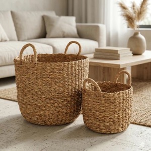 Panier de rangement en jacinthe d'eau tressé à la main, style nordique, avec poignées, pour l'organisation de la maison et le rangement du linge - Product Image 6