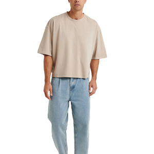 Camiseta Extra Grande Personalizada para Hombre, Algodón Grueso, Hombros Caídos, Corte Cuadrado, Color Beige, Estilo Urbano - Product Image 6