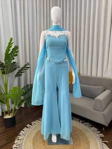 Elegante conjunto Sharara azul cielo de georgette sintético con detalles de espejo y dupatta a juego - Product Image 2