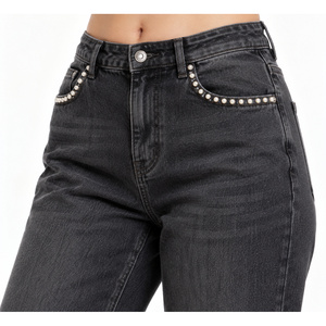 Jeans de Mujer de Cintura Alta Estilo Boyfriend con Adorno de Perlas en el Bolsillo - Negro Lavado, Tallas XS-6XL - Product Image 4