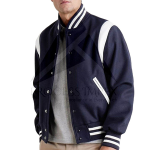 Men's Navy Blue And <b>White</b> Varsity <b>Jacket</b> With Button Front Turn-down Collar Casual Autumn Wear - Product Image 3