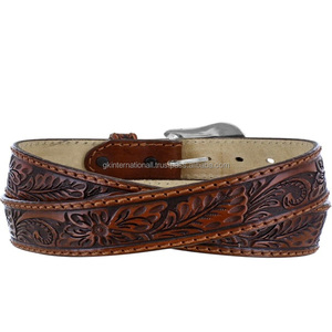 Ceinture en cuir marron pleine fleur personnalisée pour hommes, style western, avec gravures florales sculptées à la main, ceinture de cowboy en cuir repoussé, vente en gros - Product Image 3