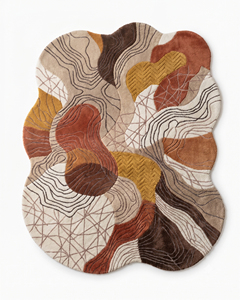 Tapis en laine terracotta marron moutarde, forme abstraite irrégulière, antidérapant, écologique, tufté à la main, à poils épais, motif topographique superposé - Product Image 1
