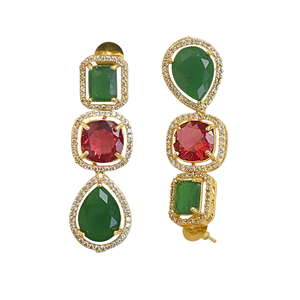 Pendientes colgantes chapados en oro con piedras de circonita verdes y rojas, diseño geométrico para mujer, joyería de fiesta - Product Image 6