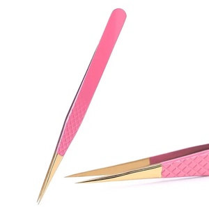 แหนบต่อขนตาเคลือบทองคำแท้ ด้ามจับสีชมพู ปลายเรียบ สำหรับต่อขนตา - Product Image 1