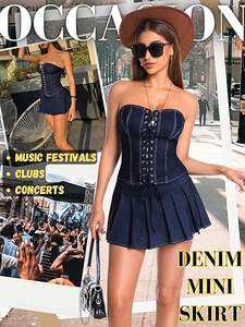 Conjunto de 2 Piezas de Moda Urbana para Mujer, Top Casual sin Mangas 100% Algodón, Shorts de Cintura Alta, Estilo Denim, Tops de Alta Visibilidad - Product Image 4