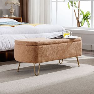 Panca Moderna in Finta Pelliccia di Cammello con Gambe Dorate, Pouf Contenitore per Fondo Letto, Sgabello Imbottito e Pouf - Product Image 2