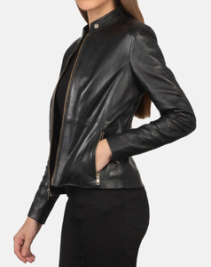 Custom Made Women Genuine Leather Motorcycle Jacket Full Sleeve Stand Collar <b>Zipper</b> Closure Solid Color Street Style Autumn Wear - Product Image 1