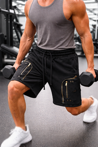 Shorts de sport en molleton déchiré pour hommes avec poches zippées, taille à cordon de serrage, style cargo, streetwear, vente en gros - Product Image 2