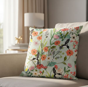 Taie d'oreiller 100 % coton à motif animalier délicat inspiré de la nature, avec des oiseaux gracieux et des fleurs, prête pour commande en gros pour hôtels, 18x18 - Product Image 1