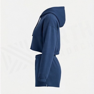 Women's 2 Piece Hooded <b>Crop</b> <b>Top</b> <b>and</b> <b>Shorts</b> Set Solid Color Fleece Casual Loose Fit Above Knee Length Spring Summer Wear - Product Image 3