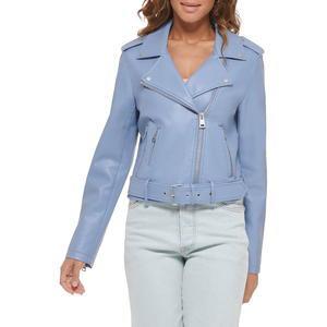Women <b>Pink</b> PU Leather Moto <b>Jacket</b> Full Sleeve Zipper Closure Turn Down Collar Solid Color Autumn Style <b>Biker</b> Outerwear - Product Image 6