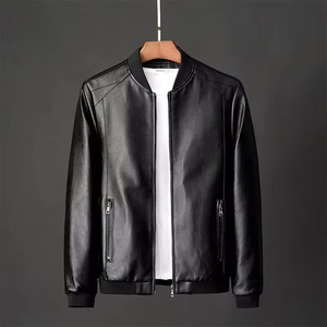 Chaqueta de Cuero Estilo Bomber para Hombre, Color Azul Marino, Cuello Alto, Cierre de Cremallera, Corte Regular, Estilo Motociclista, Color Sólido, para Otoño - Product Image 2