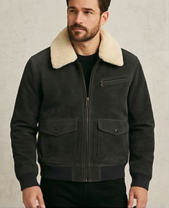 Mens Genuine Leather <b>Shearling</b> aviator <b>Bomber</b> <b>Jacket</b> Black Winter Zip Windproof Premium Quality Rugge - Product Image 1