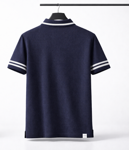 Camisa Polo Azul Marino para Hombre, Manga con Rayas en Contraste, Cuello con Logotipo Personalizado, Ropa Deportiva Informal de Negocios, Uniforme de Golf - Product Image 2