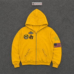 <b>Yellow</b> Zip Up <b>Hoodie</b> With Embroidered UFO Smiley Face Anarchy Star And American Flag Patches Studded Hood Cuffs And Pockets Sale - Product Image 5