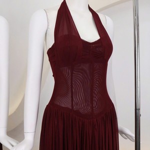 Robe longue de soirée élégante pour femme, style empire, en satin transparent, couleur bordeaux, col licou, sans manches, coupe trapèze, couleur unie, OEM - Product Image 4