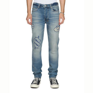 Jeans de punto de cintura alta y pierna recta, 100% algodón transpirable, al por mayor, para hombre, personalizados, lavado azul claro, estilo urbano Hip Hop - Product Image 1