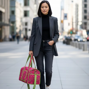 Bolsa de Viaje de Lona de Algodón con Estampado Floral Rosa, Bolso de Hombro de Gran Capacidad para Fin de Semana con Bolsillo Frontal - Product Image 2
