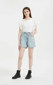 Shorts de mezclilla rectos vintage de verano para mujer, cintura alta, ajuste regular, transpirables, rasgados, de colores, lavados, con borde sin rematar, servicio OEM - Product Image 5