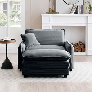 Divano Singolo Profondo in Corduroy Grigio con Poggiapiedi e Cuscino per Soggiorno e Camera da Letto, Adatto a Diverse Occasioni - Product Image 2