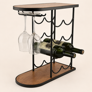Estante para Vino de Mesa de Estilo Moderno para 6 Botellas, Exhibidor de Madera Maciza y Hierro para Bar en Casa y Almacenamiento en la Cocina - Product Image 2