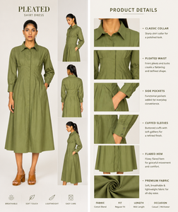 Robe chemise plissée vert olive pour femme |   Robe midi décontractée à manches longues et col, en mélange de coton, style A-line, pour le travail ou les loisirs - Product Image 6