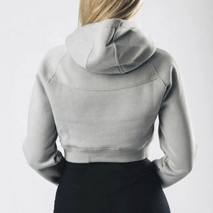 Women Gray Hooded Crop Sweatshirt <b>Long</b> <b>Sleeve</b> Solid Color Casual Knitted Breathable Autumn Wear - Product Image 3