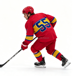 Camiseta de hockey sobre hielo roja personalizada, cuello en V, manga larga, nombre y número personalizados, uniforme de equipo unisex, transpirable, ecológico, 100% - Product Image 2