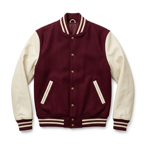 <b>Men's</b> Maroon Varsity <b>Jacket</b> With Cream <b>Leather</b> Sleeves Stand Collar Button Closure Autumn Casual Outerwear Regular Fit - Product Image 1