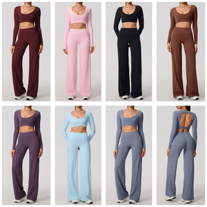 Ensemble de vêtements de sport pour femmes, haut court dos nu bleu marine, leggings sans couture taille haute, spandex polyester, tenue de yoga 2 pièces - Product Image 4