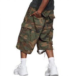 Shorts Bermuda Cargo Homme en Toile 100% Coton Camouflage Délavé Déchiré Taille Mi-Haute Braguette Zippée Coupe Ample Style Streetwear - Product Image 4