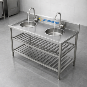 Évier de cuisine rectangulaire double cuve en acier inoxydable Daystar Trade Commercial avec support de robinet, finition brossée artisanale, moderne, quatre pièces - Product Image 2