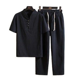 Conjunto de algodón para hombre, conjunto informal de verano, camisa de un solo pecho para hombre, pantalones cortos, conjuntos de 2 uds, ropa de playa sólida, pantalones cortos transpirables - Product Image 4