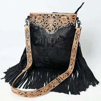 Bolso Bandolera Bohemio de Cuero Genuino con Decoración Bordada, Patrón de Cocodrilo, Correa Única, Cierre de Solapa, Color Negro para Dama