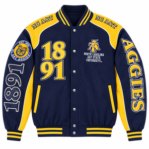 เสื้อแจ็คเก็ตวาร์ซิตี้ NC A&T Aggies สำหรับผู้ชาย สีกรมท่า-เหลือง ปักลายตัวอักษรแบบ Letterman สำหรับวิทยาลัย - Product Image 1