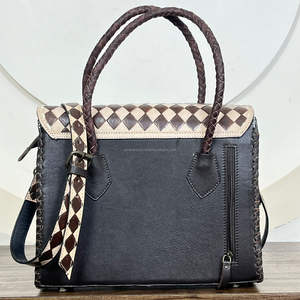 Western Style Handbag Women Hand Tooled Leather Crossbody <b>Satchel</b> <b>Bag</b> Checkerboard Design Shoulder Tote <b>Bags</b> with Braided Handle - Product Image 5