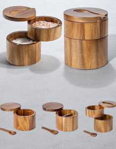 Salero de madera hecho a mano con tapa giratoria y cuchara |   Caja de Almacenamiento Doble de Madera para Sal y Pimienta |   Fabricante OEM al por Mayor - Product Image 2