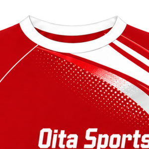 Maillot de compression athlétique personnalisé rouge et blanc à manches courtes, col ras du cou, motif vague, pour entraînement de performance et sports nautiques - Product Image 5