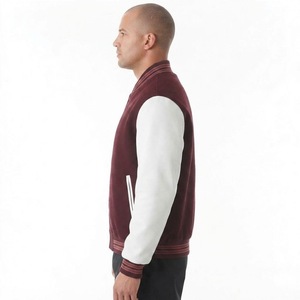 Men's Winter Maroon White Varsity <b>Jacket</b> Chenille <b>Patch</b> Contrast Sleeves Ribbed Trim Button Front Embroidery Lightweight Casual - Product Image 3