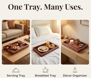 Modern Bamboo Serving Tray Handles Handcrafted Brass Inlay Rectangular Eco-Friendly Breakfast Tea Coffee Snack for Home Kitchen - Product Image 3