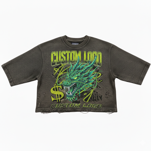 OEM High Quality Acid Washed Bottom Hemming Edge Curl Design DTG Tees Custom <b>Waffle</b> Knit Material Half Sleeve T-<b>shirts</b> for Mens - Product Image 2