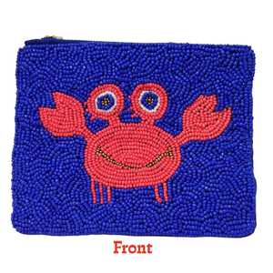 Porte-monnaie rectangulaire artisanal en coton brodé, motif crabe perlé bleu, avec fermeture éclair, objet d'art et de collection - Product Image 1