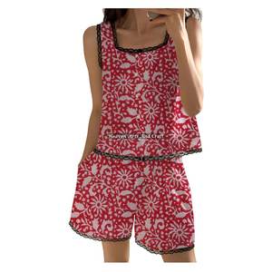 Conjuntos de Pijamas con Shorts y Ribete de Encaje con Estampado de Bloques |   Pijamas Bohemios con Estampado Floral |   Conjunto de Pijama sin Mangas con Estampado Floral Boho para Primavera/Verano, Venta al por Mayor - Product Image 5