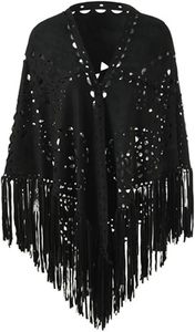 <b>Women's</b> Black Fringe Shawl Long Acrylic Bohemian <b>Poncho</b> For All Seasons Daily Wear - Product Image 2