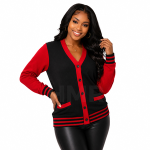 HMR Women Acrylic Fall Winter Loose Casual Ladies Knitted Black Red Sisterhood Sorority <b>Cardigan</b> <b>Sweater</b> Coat Long Sleeve - Product Image 1