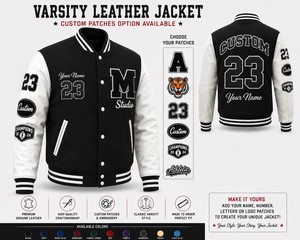 Veste en cuir personnalisée CLOTHES LEATHER GAER Varsity unisexe noire et blanche avec patchs brodés, nom et numéro personnalisés - Product Image 6