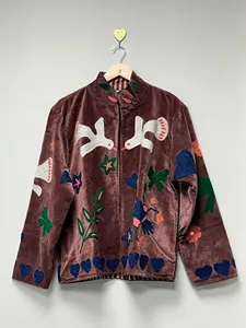 Handmade Brown <b>Velvet</b> Suzani Embroidered <b>Jacket</b> With Floral & Bird Pattern Full Sleeve Stand Collar Bohemian <b>Women's</b> Winter Coat - Product Image 5