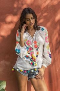 เสื้อผู้หญิงสไตล์ Boho ปักลายนีออน,เสื้อผู้หญิงฤดูร้อนสุดชิคประดับด้วยเลื่อมขนาดเล็กและพู่ปอมปอมสุดสนุกเสื้อเบลาส์สำหรับผู้หญิงชาวเม็กซิกัน - Product Image 3