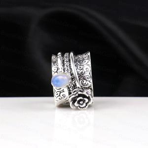 925 Sterling <b>Silver</b> Plated <b>Spinner</b> Opalite <b>Ring</b> for Women Vintage Handmade Floral Rose Detail Wide Band Wholesale Jewelry - Product Image 4